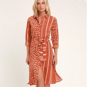 NWT - RUST ORANGE STRIPED POLKA DOT SHIRT DRESS